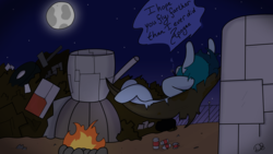 Size: 2560x1440 | Tagged: safe, artist:scarlettblade, oc, oc:delta vee, pony, female, fire, hammock, mare, moon, night, sad, smoking, speech bubble