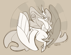 Size: 959x742 | Tagged: safe, artist:egophiliac, princess celestia, alicorn, pony, g4, collar, crown, female, jewelry, mare, monochrome, necklace, regalia, sepia, signature, sketch, smiling, solo