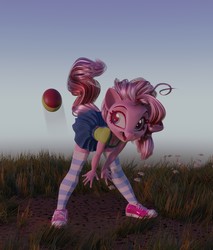 Size: 896x1054 | Tagged: safe, artist:holivi, artist:v747, pinkie pie, earth pony, anthro, g4, 3d, ball, bent over, clothes, collaboration, converse, denim skirt, female, mare, shoes, skirt, skirt lift, sneakers, socks, solo, striped socks, suspenders, thigh highs