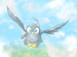 Size: 1024x767 | Tagged: safe, artist:noupu, gabby, griffon, g4, cloud, female, flying, it's coming right at us, looking at you, mailbag, solo