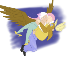 Size: 3834x3096 | Tagged: safe, artist:eve-ashgrove, fluttershy, gilda, human, g4, carrying, clothes, female, flying, gildashy, high res, humanized, kissing, lesbian, shipping, shoe dangling, sweater dress, winged humanization, wings