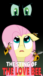 Size: 800x1400 | Tagged: safe, artist:bsting, fluttershy, queen chrysalis, bee, pegasus, pony, fanfic:the sting of the love bee, g4, clopfic, explicit source, fanfic, fanfic art, fanfic cover, looking up, love bee, stinger