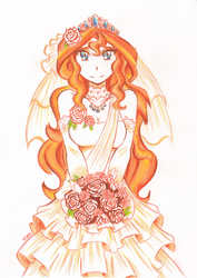Size: 2476x3504 | Tagged: safe, artist:deeemperor, sunset shimmer, human, equestria girls, g4, bride, clothes, cute, dress, female, flower, high res, humanized, looking at you, simple background, smiling, solo, wedding dress