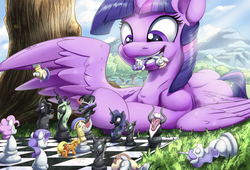 Size: 2500x1703 | Tagged: safe, artist:tsitra360, applejack, king sombra, lord tirek, lyra heartstrings, nightmare moon, pinkie pie, pony of shadows, princess luna, queen chrysalis, rainbow dash, rarity, twilight sparkle, alicorn, centaur, changeling, changeling queen, earth pony, pegasus, pony, unicorn, antagonist, appletini, bench, blank eyes, chess, chess piece, chessboard, chessboard incorrectly oriented, cloud, cloudy, evil grin, eyes closed, fangs, female, figurine, forest, frown, glare, glowing eyes, grass, grin, gritted teeth, guard, knight, looking down, lying, male, mane six, mare, micro, mini applejack, missing accessory, missing hat, mountain, mountain range, mouth hold, no iris, no pupils, nom, object, open mouth, outdoors, ponified, pony figurine, pony figurines, prone, pushing, royal guard, sitting, size difference, sky, small pony, smiling, smirk, spread wings, stallion, standing, tiny, tiny ponies, tree, twilight sparkle (alicorn), unicorn royal guard, wall of tags, wallpaper, wat, wing fluff, wing hands, wing hold, wings