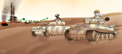 Size: 4500x2000 | Tagged: safe, artist:noctaliansfw, oc, oc only, oc:clay duster, oc:lokibagel, pegasus, pony, unicorn, combat, commission, desert, panzer iv, tank (vehicle), tiger i