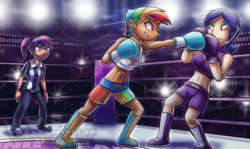 Size: 4121x2448 | Tagged: safe, artist:gamerfox0255, rainbow dash, rarity, twilight sparkle, human, g4, abs, belly button, boots, boxing, boxing gloves, clothes, dark skin, fight, humanized, light skin, midriff, shoes, sports, sports bra, trunks