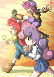 Size: 2894x4093 | Tagged: safe, artist:ryured, apple bloom, scootaloo, sweetie belle, human, g4, boots, clothes, cute, cutie mark crusaders, fingerless gloves, gloves, helmet, humanized, open mouth, overalls, rollerblades, school uniform, shoes, shorts