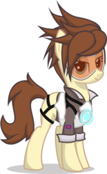 Size: 703x1135 | Tagged: safe, artist:stainless33, oc, earth pony, pony, bedroom eyes, british, clothes, cosplay, costume, crossover, overwatch, ponified, sexy, simple background, tracer, transparent background, wrong eye color