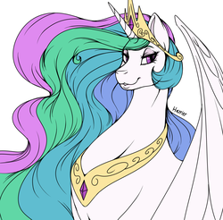 Size: 1549x1525 | Tagged: safe, artist:sunlover, princess celestia, alicorn, pony, g4, :3, eyeshadow, female, looking back, makeup, simple background, solo, white background