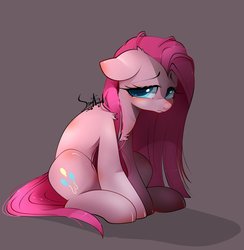 Size: 976x1000 | Tagged: safe, artist:snow angel, pinkie pie, earth pony, pony, g4, bent, bent back, big eyes, depressed, female, floppy ears, fluffy, frontbend, frown, gray background, lidded eyes, mare, neck fluff, pinkamena diane pie, sad, shoulder fluff, simple background, sitting, slouching, solo
