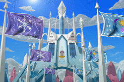 Size: 960x640 | Tagged: safe, artist:hydrusbeta, 3d, animated, architecture, castle, cloud, crystal empire, crystal palace, flag, flag waving, no pony, no sound, scenery, webm
