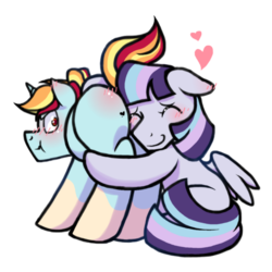 Size: 1000x1000 | Tagged: safe, artist:paperbagpony, oc, oc:cloud steel, oc:star gaze, pegasus, pony, unicorn, blushing, butt touch, butthug, couple, faceful of ass, female, heart, hug, male, mole, straight