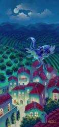 Size: 1903x4092 | Tagged: safe, artist:holivi, oc, oc only, pegasus, pony, g4, commission, female, flying, full moon, mare, moon, night, scenery, solo, town