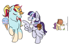 Size: 1600x1000 | Tagged: safe, artist:paperbagpony, oc, oc only, oc:cloud steel, oc:paper bag, oc:star gaze, earth pony, pegasus, pony, unicorn, bad luck, blushing, couple, dropped ice cream, female, food, funny, group, ice cream, male, mare, paper bag, stallion, wing hands