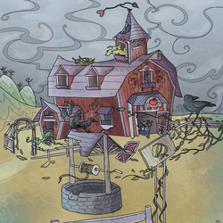 Size: 2000x2000 | Tagged: safe, artist:sourcherry, oc, oc only, oc:velvet remedy, bird, crow, fallout equestria, barn, curtains, destroyed, destruction, fence, high res, hill, overcast, solo, sweet apple acres, wasteland ventures, well