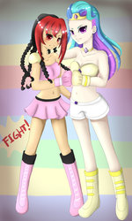 Size: 1024x1707 | Tagged: safe, artist:markiantac, princess celestia, human, g4, belly button, boots, boxing, boxing gloves, braid, breasts, cleavage, clothes, friends, humanized, midriff, miniskirt, pony and oc, shoes, shorts, skirt, sports, trunks