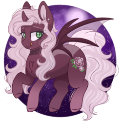 Size: 2048x2048 | Tagged: safe, artist:cinnamontee, oc, oc only, oc:shiver rose, alicorn, bat pony, pony, female, high res, mare, night, simple background, solo, tongue out, transparent background