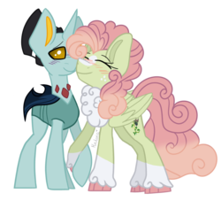 Size: 1024x928 | Tagged: safe, artist:mintoria, oc, oc only, oc:amber orchid, changedling, changeling, pegasus, pony, chest fluff, female, hat, mare, nuzzling, simple background, top hat, transparent background