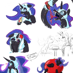 Size: 2000x2000 | Tagged: safe, artist:testostepone, nightmare moon, oc, oc:speck, bat pony, pony, g4, clothes, colored, colored sketch, costume, dialogue, food, high res, hot dog, ketchup, meat, messy eating, sauce, sausage, simple background, sketch, sketch dump, tomato, white background