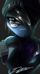 Size: 1500x2750 | Tagged: safe, artist:dranoellexa, oc, oc:tinker doo, unicorn, semi-anthro, black background, clothes, cosplay, costume, crossover, glasses, male, rainbow six siege, simple background, solo, south korea, trap