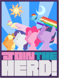 Size: 1513x2000 | Tagged: safe, artist:doctor-g, applejack, fluttershy, pinkie pie, rainbow dash, rarity, twilight sparkle, earth pony, pegasus, pony, unicorn, g4, female, flying, horn, implied princess celestia, implied princess luna, join the herd, mane six, mare, poster, salute, spread wings, text, wings