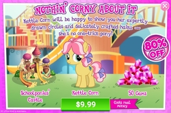 Size: 1157x765 | Tagged: safe, gameloft, kettle corn, g4, advertisement, costs real money, crack is cheaper, female, filly, game, game screencap, gem, introduction card, pun