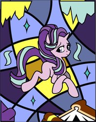 Size: 807x1024 | Tagged: safe, artist:the-paper-pony, starlight glimmer, pony, unicorn, g4, book, female, looking at you, smiling, solo, stained glass