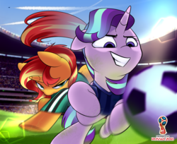 Size: 1362x1110 | Tagged: safe, artist:asherspray, starlight glimmer, sunset shimmer, pony, unicorn, g4, duo, female, football, grin, hoofball, mare, smiling, soccer field, sports, stadium, world cup, world cup 2018