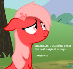 Size: 2506x2377 | Tagged: safe, artist:arifproject, oc, oc only, oc:downvote, pony, derpibooru, g4, derpibooru ponified, dialogue, existential crisis, female, frown, high res, looking up, mare, meta, mountain, ponified, simple background, solo, text, tree, vector