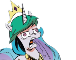 Size: 591x464 | Tagged: safe, artist:andy price, edit, editor:childofthenight, idw, princess celestia, alicorn, pony, g4, spoiler:comic, spoiler:comic49, background removed, crown, derp, female, jewelry, majestic as fuck, mare, open mouth, peytral, reaction image, regalia, simple background, solo, transparent background, wat