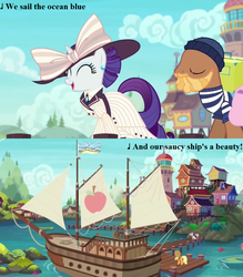 Size: 945x1080 | Tagged: safe, edit, edited screencap, editor:korora, screencap, applejack, rarity, whale trotter, pony, g4, ppov, background pony, cap, clothes, cropped, devon cody, dress, flag, gilbert and sullivan, h.m.s. pinafore, hat, lyrics, marina, pier, porter, raristocrat, sailship, seaward shoals, ship, song reference, text, unnamed character, unnamed pony