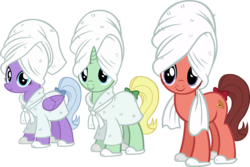 Size: 4033x2687 | Tagged: safe, artist:ironm17, dear darling, fond feather, swoon song, earth pony, pegasus, pony, unicorn, g4, background pony, bathrobe, bimbettes, clothes, female, mare, robe, simple background, slippers, smiling, towel, transparent background, trio, trio female, vector