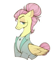 Size: 2523x2823 | Tagged: safe, artist:sylvanaurora, fluttershy, pegasus, pony, fake it 'til you make it, g4, alternate hairstyle, bust, clothes, female, hair bun, high res, mare, severeshy, simple background, solo, transparent background