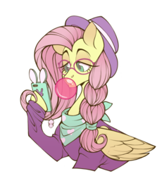 Size: 2523x2823 | Tagged: safe, artist:sylvanaurora, fluttershy, pegasus, pony, fake it 'til you make it, g4, alternate hairstyle, braid, bubblegum, bust, clothes, female, food, glasses, gum, hat, high res, hipstershy, hoof hold, mare, neckerchief, phone, simple background, solo, transparent background