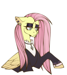 Size: 2523x2823 | Tagged: safe, artist:sylvanaurora, fluttershy, pegasus, pony, fake it 'til you make it, g4, alternate hairstyle, bust, clothes, ear piercing, earring, eyeshadow, female, fluttergoth, high res, jewelry, makeup, mare, necklace, piercing, raised hoof, signature, simple background, solo, transparent background