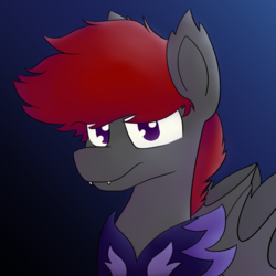 Size: 1024x1024 | Tagged: safe, artist:dark shadow, oc, oc only, oc:desthral, bat pony, pony, armor, bat pony oc, blue, bust, commission, fangs, gray, night guard, profile picture, purple, red, solo