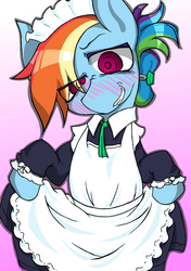 Size: 4248x6024 | Tagged: safe, artist:zemlya, rainbow dash, pegasus, pony, g4, absurd resolution, bipedal, blushing, clothes, female, looking at you, maid, mare, rainbow maid, solo