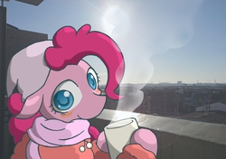 Size: 6039x4263 | Tagged: safe, artist:zemlya, pinkie pie, earth pony, pony, g4, absurd resolution, clothes, coffee mug, female, floppy ears, irl, mare, mug, photo, ponies in real life, scarf, smiling, solo
