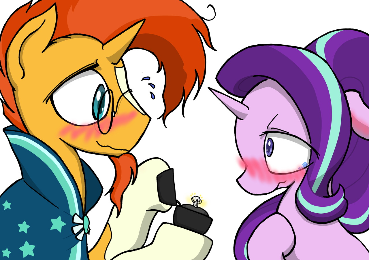 1768066 - safe, artist:zemlya, starlight glimmer, sunburst, pony, unicorn,  g4, absurd resolution, blushing, cape, clothes, crying, duo, female,  glasses, looking at each other, male, mare, marriage proposal, ring,  ship:starburst, shipping, simple ...