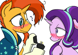 Size: 6024x4248 | Tagged: safe, artist:zemlya, starlight glimmer, sunburst, pony, unicorn, g4, absurd resolution, blushing, cape, clothes, crying, duo, female, glasses, looking at each other, male, mare, marriage proposal, ring, ship:starburst, shipping, simple background, smiling, stallion, straight, wedding ring, white background