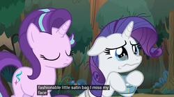 Size: 1102x619 | Tagged: safe, screencap, rarity, starlight glimmer, pony, unicorn, g4, the mean 6, crying, eyes closed, female, floppy ears, holding, mare, meme, youtube caption