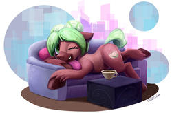 Size: 1200x787 | Tagged: safe, artist:tsitra360, oc, oc only, oc:cocoa mint, earth pony, pony, abstract background, commission, couch, female, lying down, mare, mug, one eye closed, solo, wink