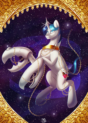 Size: 1000x1387 | Tagged: safe, artist:xaneas, oc, oc only, oc:lightning bustle, pony, unicorn, cancer (horoscope), chains, gold, male, solo, space, zodiac