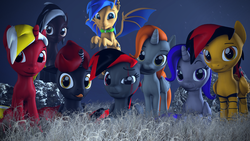 Size: 2920x1642 | Tagged: safe, artist:easthammer, oc, oc:bluemist, oc:east hammer, oc:white hammer, alicorn, bat pony, earth pony, pegasus, pony, unicorn, 3d, cute, looking at you, scar, source filmmaker, tongue out