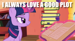 Size: 835x457 | Tagged: safe, edit, edited screencap, screencap, twilight sparkle, pony, unicorn, g4, spike at your service, bedroom eyes, book, female, golden oaks library, image macro, innuendo, mare, meme, pun, reading, solo