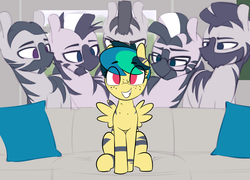 Size: 1835x1319 | Tagged: safe, artist:shinodage, edit, oc, oc only, oc:apogee, pegasus, pony, zebra, :o, bedroom eyes, couch, cute, eyes on the prize, female, filly, freckles, glasses, grin, lidded eyes, looking at you, male, meme, open mouth, pegasus oc, pillow, piper perri surrounded, sitting, smiling, smirk, squee, stallion, striped, wings, zebra supremacy, zebradom