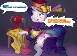 Size: 1200x875 | Tagged: safe, artist:oneofyouare, rarity, pony, unicorn, fame and misfortune, g4, butt, clothes, commission, dialogue, dress, female, offscreen character, plot, rarisnap, sewing machine, solo, speech bubble, stress couture, why i'm creating a gown darling