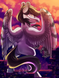 Size: 600x793 | Tagged: safe, artist:breloomsgarden, oc, oc only, oc:silent flight, hippogriff, castle, cheek fluff, chest fluff, cloud, embers, fluffy, forest, looking at you, looking back, looking back at you, male, mask, rear view, rearing, solo, spread wings, sunset, wing fluff, wings