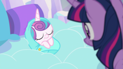 Size: 1920x1080 | Tagged: safe, screencap, princess flurry heart, twilight sparkle, alicorn, pony, g4, the crystalling, baby, baby blanket, baby pony, bed, blanket, crystal empire, cute, daaaaaaaaaaaw, newborn, pillow, safety pin, sleeping, smiling, snuggled, swaddling, twilight sparkle (alicorn)