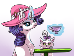 Size: 1835x1379 | Tagged: safe, artist:marbola, opalescence, rarity, pony, unicorn, g4, chest fluff, coffee, cup, ear fluff, female, glowing horn, hat, horn, magic, mare, ribbon, table, teacup, telekinesis